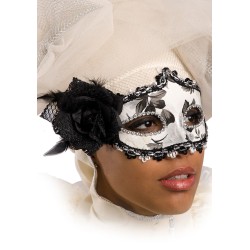 Ansiktsmask - Black and white mask with rose and feathers