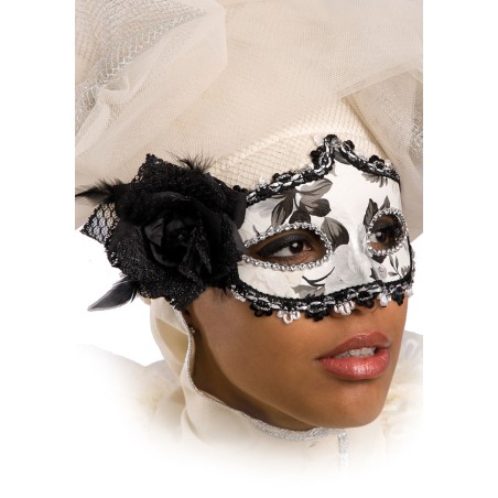 Ansiktsmask - Black and white mask with rose and feathers