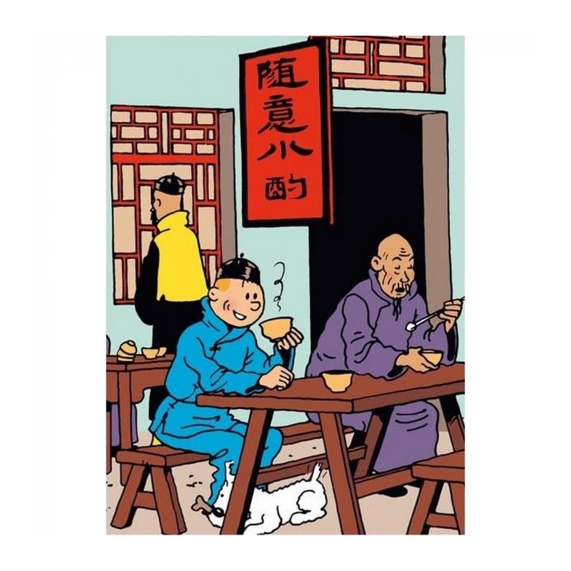 Tintin - Plastficka A4 - Blå Lotus - Tintin och Milou äter frukost